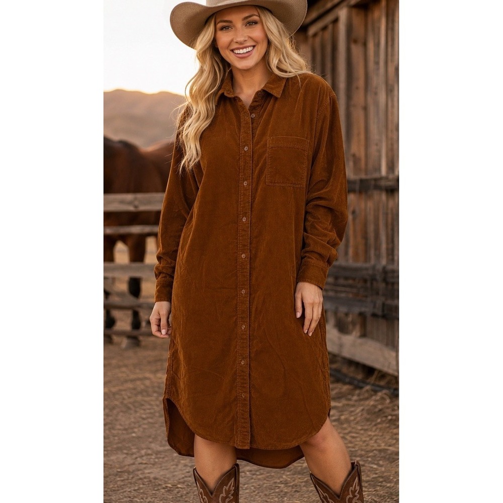 Uniqlo Brown Corduroy Shirt Dress Goblincore Button Front Western Midi SZ Small